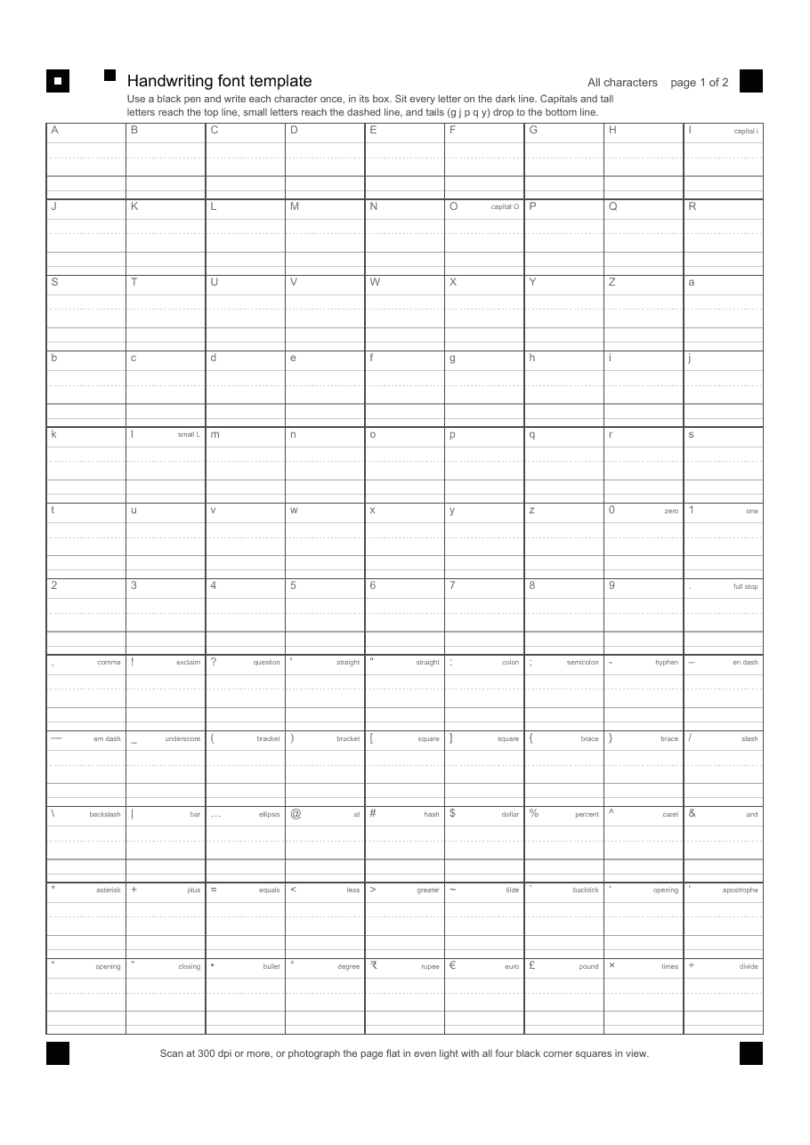 The template: one box for each character, with four guide lines in every box
